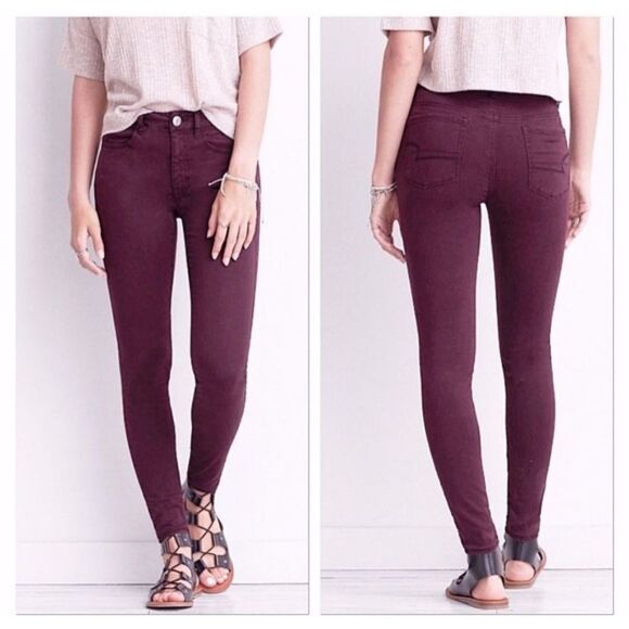 American Eagle Hi Rise Burgundy Jeggings sz 0 - Picture 1 of 5
